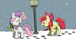 Size: 1600x817 | Tagged: safe, artist:projectfirelights, apple bloom, sweetie belle, clothes, lamp post, scarf, snow, snowfall