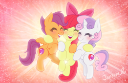 Size: 900x582 | Tagged: safe, artist:o0reika0o, apple bloom, scootaloo, sweetie belle, abstract background, adorabloom, blushing, cute, cutealoo, cutie mark, cutie mark crusaders, diasweetes, eyes closed, grin, group hug, group shot, hug, signature, smiling, the cmc's cutie marks