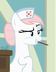 Size: 697x899 | Tagged: safe, screencap, nurse redheart, a flurry of emotions, lidded eyes, out of context, tongue depressor