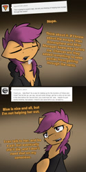 Size: 750x1500 | Tagged: safe, artist:conmanwolf, scootaloo, pony, fanfic:rainbow factory, ask factory scootaloo, clothes, comic, factory scootaloo