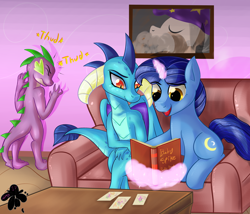 Size: 3500x3000 | Tagged: safe, artist:katakiuchi4u, night light, princess ember, spike, dragon, pony, unicorn, baby pictures, book, commission, cute, dragoness, embarrassed, emberspike, eyes closed, father, father and child, father and son, female, headcanon, levitation, magic, male, older, older spike, parent and child, picture, shipping, sitting, smiling, sofa, son, spikabetes, spike's family, stallion, straight, telekinesis, thud, trio