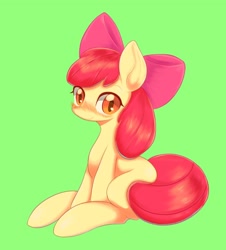 Size: 1852x2048 | Tagged: safe, artist:91o42, apple bloom, earth pony, pony, apple bloom's bow, blushing, bow, cute, female, filly, hair bow, looking at you, simple background, sitting, solo