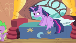 Size: 1280x720 | Tagged: safe, screencap, spike, twilight sparkle, twilight sparkle (alicorn), alicorn, dragon, inspiration manifestation, bed, cute, golden oaks library, messy mane, messy tail, tired