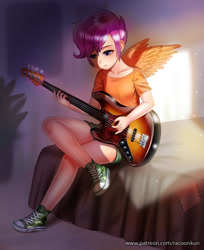 Size: 814x1000 | Tagged: safe, artist:racoonsan, scootaloo, human, bass guitar, bed, bedroom, clothes, converse, crossed legs, cute, cutealoo, denim shorts, female, guitar, humanized, left handed, legs, musical instrument, purple eyes, purple hair, scootabass, shirt, shoes, short hair, shorts, sneakers, solo, t-shirt, winged humanization, wings