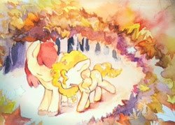 Size: 1510x1080 | Tagged: safe, artist:milarvozmido, bright mac, pear butter, earth pony, pony, autumn, brightbutter, eyes closed, female, leaves, male, mare, shipping, stallion, straight, traditional art, watercolor painting