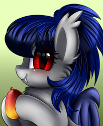 Size: 1446x1764 | Tagged: safe, artist:pridark, oc, oc only, bat pony, pony, bat pony oc, bust, commission, female, food, fruit, looking at you, mango, mare, portrait, red eyes, smiling, solo