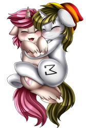 Size: 1711x2550 | Tagged: safe, artist:pridark, oc, oc only, oc:intrepid charm, oc:sigmatau, pony, unicorn, commission, cute, eyes closed, floppy ears, ocbetes, simple background, smiling, snuggling, transparent background