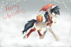 Size: 3000x2000 | Tagged: safe, artist:wacky-skiff, derpibooru exclusive, oc, oc only, oc:updraft, pegasus, pony, blue eyes, candy, candy cane, christmas, christmas lights, clothes, female, food, hat, holiday, lantern, mare, multicolored hair, present, scarf, snow, socks, stars, wings