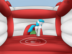 Size: 3099x2302 | Tagged: safe, artist:the-furry-railfan, oc, oc only, oc:minty candy, pony, unicorn, bouncing, bouncy castle, cute, glasses, grin, happy, inflatable, pronking, smiling, target, this will end in balloons