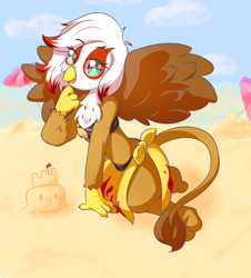 Size: 1174x1300 | Tagged: source needed, safe, artist:mimi_up, oc, oc only, oc:ingrid, anthro, griffon, anthro oc, beach, bikini, clothes, female, kneeling, pinup, sand, sandcastle, solo, swimsuit
