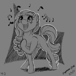 Size: 2000x2000 | Tagged: safe, artist:floofyfoxcomics, coloratura, earth pony, pony, blank flank, grayscale, high res, looking up, monochrome, music notes, open mouth, rara, singing, sketch, smiling, solo