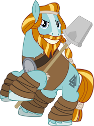 Size: 6030x8071 | Tagged: safe, artist:jhayarr23, rockhoof, earth pony, pony, shadow play, absurd resolution, beard, blaze (coat marking), braid, braided ponytail, facial hair, hoof hold, leather armor, leg wraps, looking at you, male, moustache, rearing, rockhoof's shovel, shovel, simple background, smiling, solo, stallion, transparent background, valknut, vector