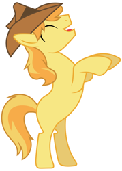 Size: 992x1388 | Tagged: safe, braeburn, earth pony, pony, eyes closed, hat, male, missing accessory, missing cutie mark, rearing, simple background, solo, stallion, tail, white background