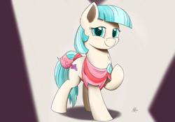 Size: 2000x1400 | Tagged: safe, artist:j24262756, coco pommel, earth pony, pony, clothes, cocobetes, cute, female, looking at you, mare, modeling, one eye closed, smiling, solo, wink