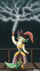 Size: 1080x1920 | Tagged: safe, artist:afterman, captain celaeno, anthro, my little pony: the movie, amputee, clenched fist, lightning, pirate, prosthetics, solo, standing, sword, weapon