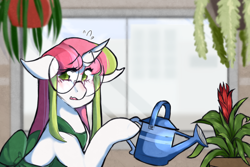 Size: 1500x1000 | Tagged: safe, artist:mimisaurusrex, oc, oc only, oc:stargazer lily, unicorn, apron, blushing, building, clothes, female, floppy ears, flower shop, glasses, mare, nervous, plant, watering can