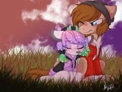 Size: 1600x1200 | Tagged: safe, artist:red_moonwolf, oc, oc only, oc:winter aurora, oc:zone blitz, deer, annoyed, antlers, beanie, blushing, clothes, cute, ethereal mane, facial hair, hat, hoodie, size difference, snuggling, sparkles