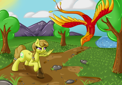 Size: 2000x1400 | Tagged: safe, artist:blues4th, oc, oc only, oc:calming voice, pegasus, phoenix, pony, amputee, cloud, falconry, flying, grass, missing limb, mountain, nature, prosthetics, scenery, solo, stump, sun, tree