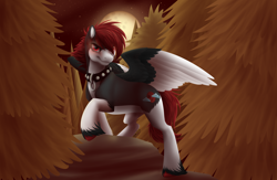 Size: 3744x2448 | Tagged: safe, artist:mythpony, oc, oc only, oc:umbra moon, hengstwolf, pegasus, pony, werewolf, colored wings, high res, male, moon, multicolored wings, night, solo, stallion, tree