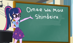 Size: 1460x865 | Tagged: safe, edit, edited screencap, screencap, sci-twi, twilight sparkle, better together, equestria girls, chalkboard, exploitable meme, hokuto no ken, imminent death, meme, nani, omae wa mou shindeiru, twilight sparkle's chalkboard, you are already dead