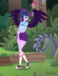 Size: 1200x1562 | Tagged: safe, artist:katanis, midnight sparkle, sci-twi, twilight sparkle, equestria girls, legend of everfree, clothes, converse, female, forest, sad, shoes, shorts, sneakers, socks, solo, the midnight in me, wings