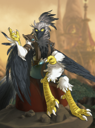 Size: 2968x3998 | Tagged: safe, artist:xuza, oc, oc only, oc:tess shadowclaw, anthro, bird, griffon, anthro oc, arakkoa, avian, bedroom eyes, clothes, commission, high res, looking at you, sitting, smiling, species swap, warcraft, world of warcraft