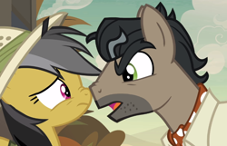 Size: 740x476 | Tagged: safe, screencap, daring do, doctor caballeron, pony, daring done?, boop, hat, noseboop, somnambula (location)