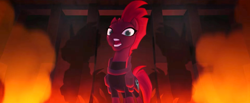 Size: 1366x565 | Tagged: safe, edit, edited screencap, screencap, tempest shadow, pony, my little pony: the movie, armor, broken horn, curved horn, female, mare, open up your eyes, singing, solo, the making of my little pony movie