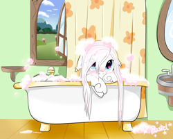 Size: 4000x3200 | Tagged: safe, artist:pastel-pony-princess, oc, oc only, oc:sylphie, pony, bath, bathtub, bubble, claw foot bathtub, cute, faucet, foam, grass, heart eyes, mirror, scenery, shower curtain, sink, solo, wet mane, window, wingding eyes, wooden floor