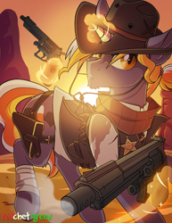 Size: 1500x1947 | Tagged: safe, artist:redchetgreen, oc, oc only, oc:candy corn, bat pony, pony, unicorn, clothes, cowboy, cowboy hat, glowing horn, gun, handgun, hat, looking at you, magic, male, pistol, stallion, stetson, sun