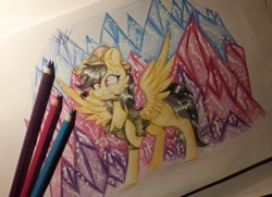 Size: 1595x1152 | Tagged: safe, artist:woonborg, daring do, pegasus, pony, spider, cheek fluff, chest fluff, clothes, colored pencil drawing, crystal, ear fluff, hat, raised hoof, scared, signature, spread wings, surprised, traditional art, wings