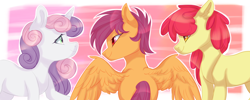 Size: 1920x768 | Tagged: safe, artist:shininglovelystar, apple bloom, scootaloo, sweetie belle, earth pony, pegasus, pony, unicorn, cutie mark crusaders, female, filly, group, trio