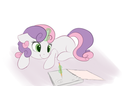 Size: 1200x850 | Tagged: safe, artist:vanillaghosties, sweetie belle, pony, unicorn, atg 2017, drawing, female, filly, newbie artist training grounds, smiling, solo