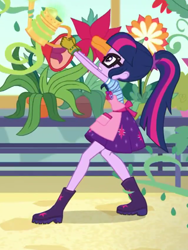 Size: 1536x2048 | Tagged: safe, screencap, sci-twi, twilight sparkle, better together, equestria girls, my little shop of horrors, apron, boots, celestia's house, clothes, flower, glasses, gloves, plant, ponytail, potted plant, shoes, skirt, vine, watering can