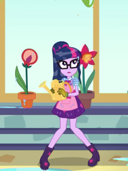 Size: 1536x2048 | Tagged: safe, screencap, sci-twi, twilight sparkle, better together, equestria girls, my little shop of horrors, apron, boots, clothes, cute, flower, glasses, gloves, plant, potted plant, shoes, soaked, solo, stars, twiabetes, window