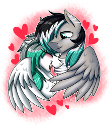 Size: 2000x2300 | Tagged: safe, artist:jack-pie, oc, oc only, pegasus, pony, blushing, bust, commission, couple, eyes closed, female, heart, love, male, mare, oc x oc, open mouth, shipping, smiling, stallion, straight