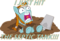 Size: 787x540 | Tagged: safe, artist:alphamonouryuuken, rockhoof, pony, campfire tales, beard, caption, facial hair, funny, funny as hell, image macro, panic, rockhoof's shovel, scared, screaming, septic tank, shovel, simple background, solo, text, this will not end well, transparent background, vector