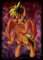 Size: 905x1280 | Tagged: safe, artist:calena, oc, oc only, pegasus, pony, abstract background, goosebumps, happy, signature, solo, vampire teeth