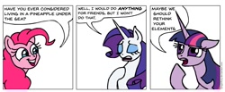 Size: 945x390 | Tagged: safe, artist:gingerfoxy, pinkie pie, rarity, twilight sparkle, earth pony, pony, unicorn, pony comic generator, comic, meat loaf, meatloaf, spongebob squarepants