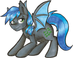 Size: 904x720 | Tagged: safe, artist:bumblebun, oc, oc only, oc:midnight aegis, bat pony, pony, badge, simple background, solo, traditional art, transparent background