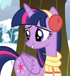 Size: 730x795 | Tagged: safe, screencap, twilight sparkle, twilight sparkle (alicorn), alicorn, pony, tanks for the memories, adorkable, clothes, cropped, cute, dork, earmuffs, female, folded wings, mare, nature, outdoors, scarf, snow, solo, tree, twiabetes