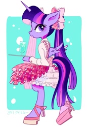 Size: 687x1000 | Tagged: safe, artist:yam, twilight sparkle, twilight sparkle (alicorn), alicorn, semi-anthro, alternate hairstyle, bow, clothes, cute, dress, drink, female, hair bow, pigtails, profile, solo, tray, twiabetes