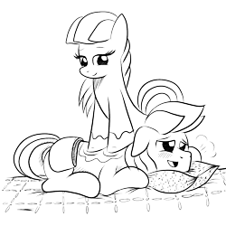 Size: 1000x1000 | Tagged: safe, artist:truffle shine, oc, oc only, oc:cordyceps sparkle, oc:truffle shine, earth pony, pony, blushing, duo, female, lineart, male, mare, massage, monochrome, pillow, pleasure, rule 63, sheet, simple background, sketch, stallion, transparent background, truffle shine's sketch series