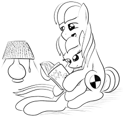 Size: 1000x1000 | Tagged: safe, artist:truffle shine, oc, oc only, oc:cordyceps sparkle, oc:truffle shine, earth pony, pony, book, cutie mark, duo, female, lampshade, lineart, male, mare, monochrome, on back, reading, rule 63, simple background, sitting, sketch, stallion, transparent background, truffle shine's sketch series