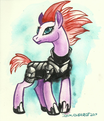 Size: 862x1009 | Tagged: safe, artist:crownflame, tempest shadow, my little pony: the movie, armor, inktober, missing horn, solo, traditional art