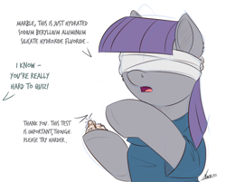 Size: 1500x1206 | Tagged: safe, artist:ncmares, maud pie, pony, atg 2017, blindfold, clothes, dialogue, female, implied marble pie, newbie artist training grounds, offscreen character