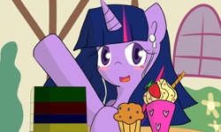 Size: 2000x1200 | Tagged: safe, artist:dbcupcake, twilight sparkle, pony, blushing, book, food, ice cream, looking at you, muffin, solo, strawberry