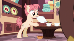 Size: 1280x720 | Tagged: safe, screencap, discord, raspberry vinaigrette, earth pony, pony, discordant harmony, cup, female, mare, mouth hold, teacup, teapot