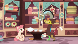 Size: 1280x720 | Tagged: safe, screencap, discord, raspberry vinaigrette, earth pony, pony, discordant harmony, cup, female, mare, teacup, teapot