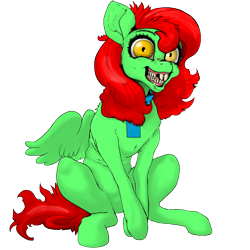 Size: 1200x1200 | Tagged: safe, artist:darkonix, oc, oc only, oc:jessibelle, pegasus, pony, 2018 community collab, bad teeth, cannibal, chest fluff, clothes, creepy, derpibooru community collaboration, drool, female, fluffy, freckles, gap teeth, grin, leg fluff, looking at you, mare, scarf, sharp teeth, shoulder fluff, simple background, smiling, spread wings, swirly eyes, teeth, transparent background, wide eyes, wings